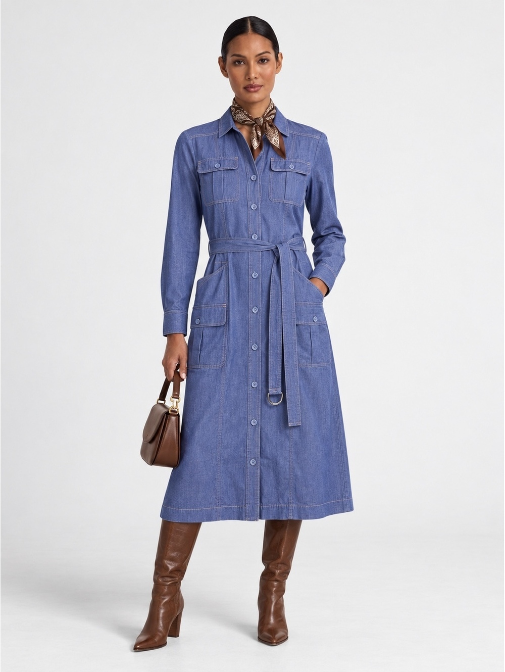 St. John Chambray Denim Utility Shirt Dress Belted Blue Size 12 NWT $995